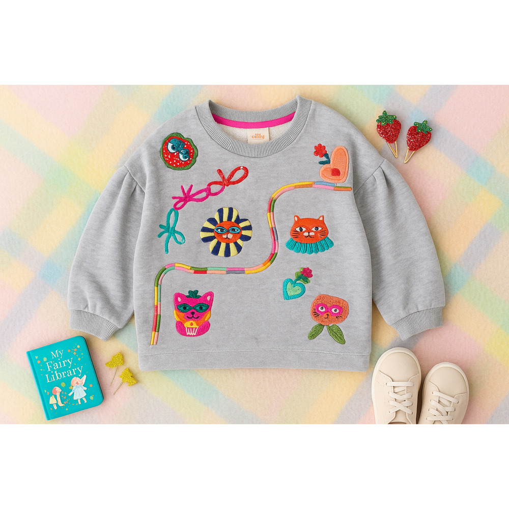 Oilily Believe Sweater Gray Crewneck Girls Size 7 | 122cm Sequins & Embroidery